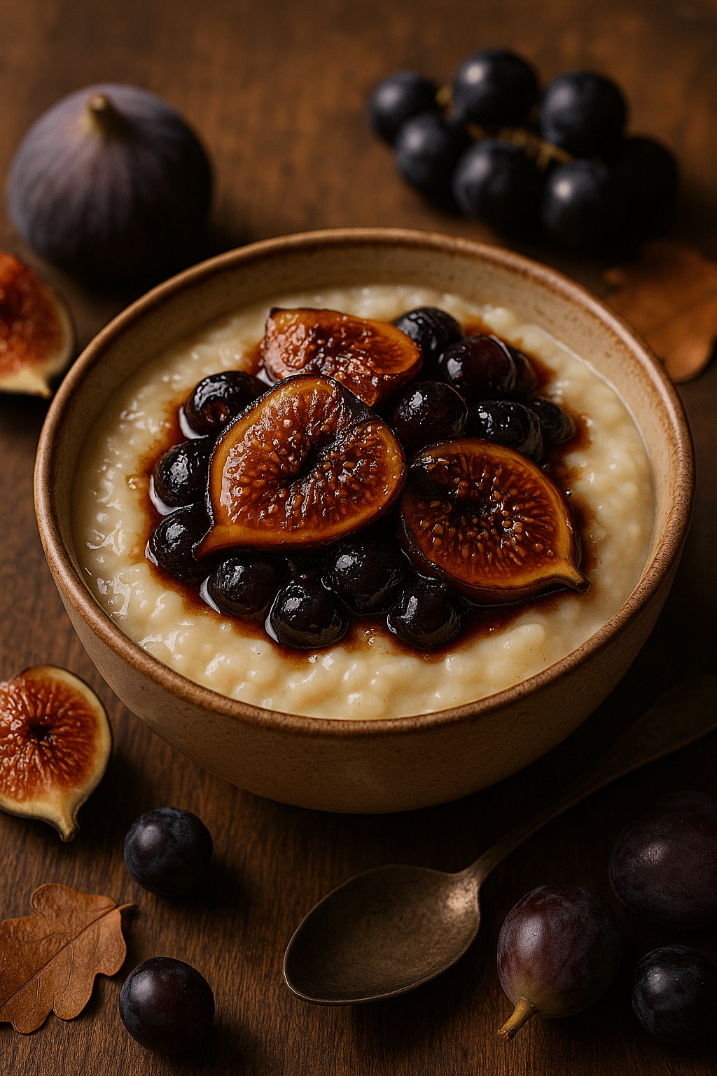 Riz au lait, figues et raisins sur table.
