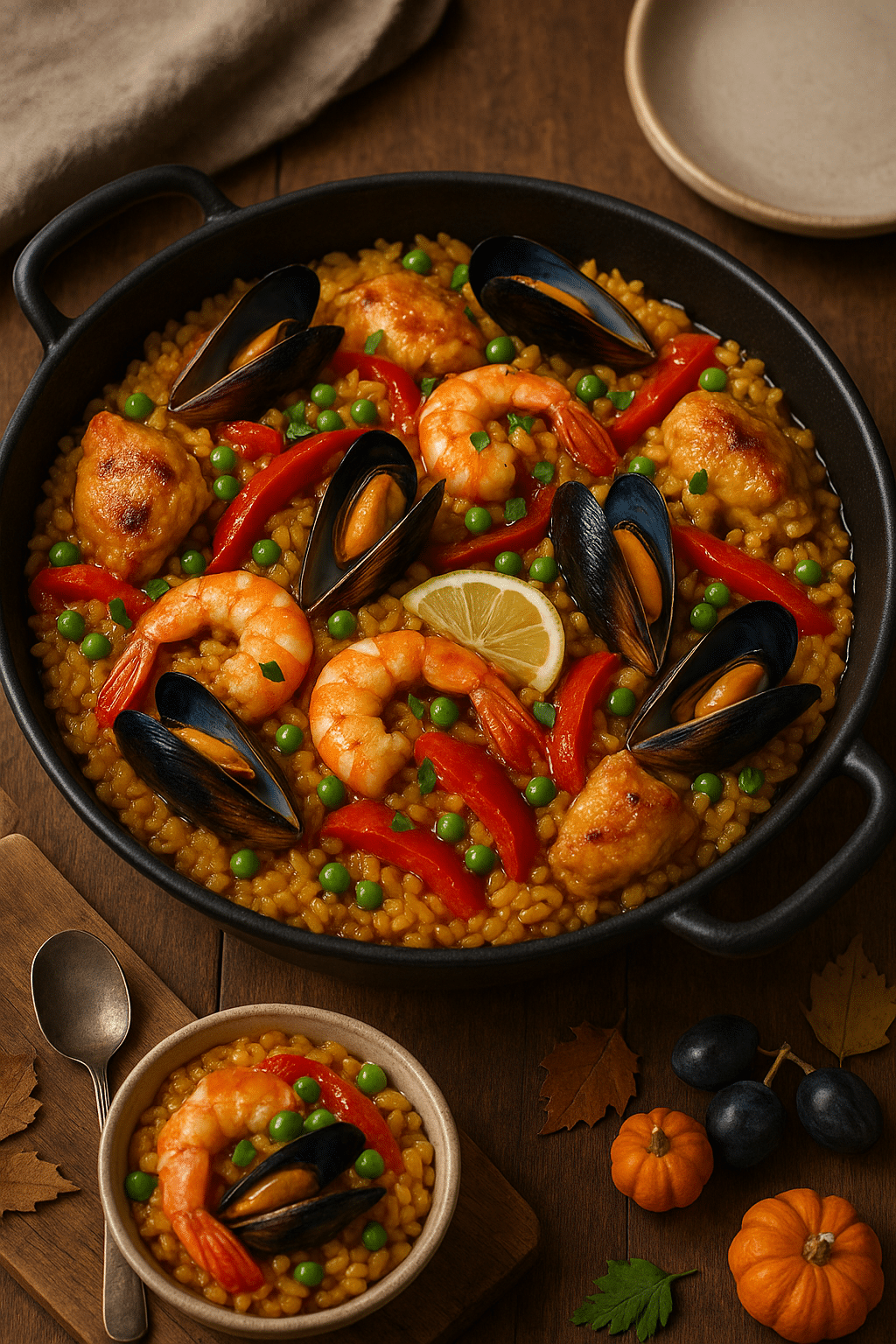 Plat de paella avec fruits de mer et légumes.