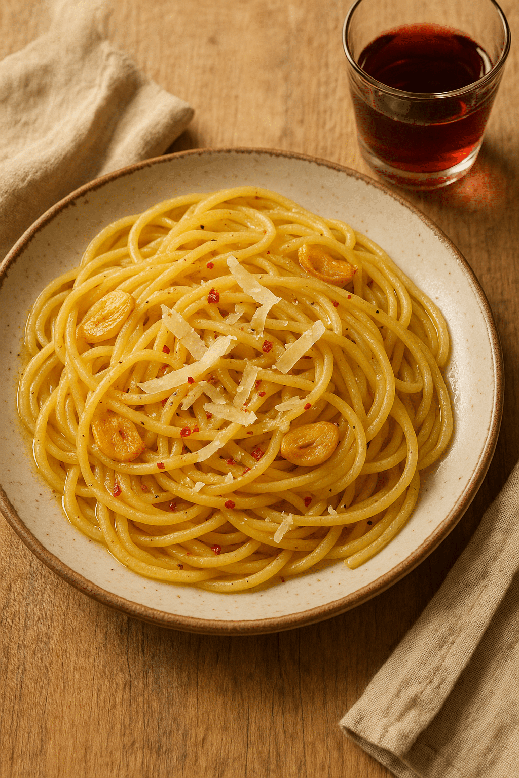 Spaghetti à l'ail avec boisson rouge.