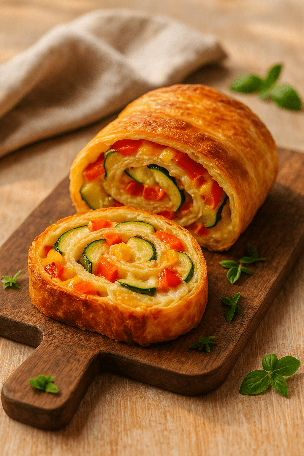Roulé feuilleté aux légumes sur planche en bois.