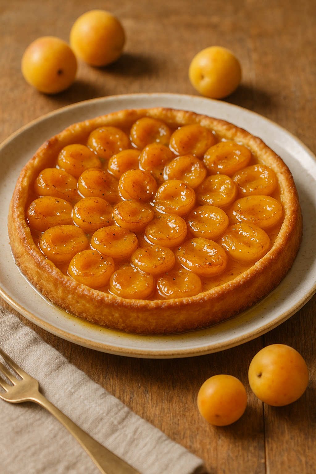 Tarte aux mirabelles sur assiette blanche.