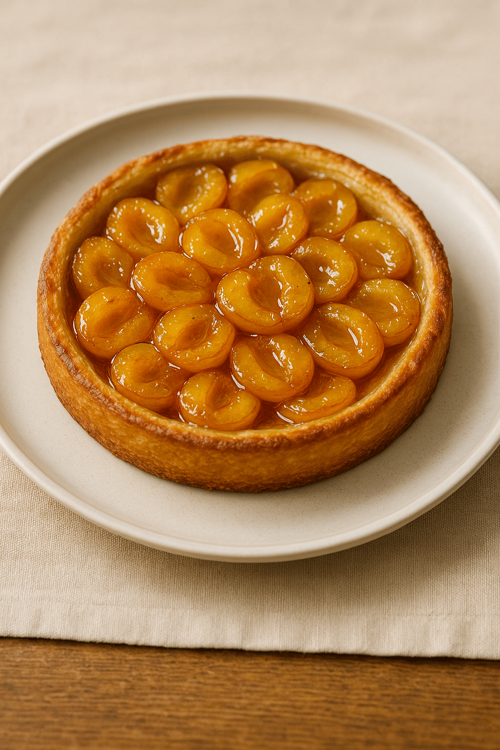 Tarte aux mirabelles sur assiette beige.