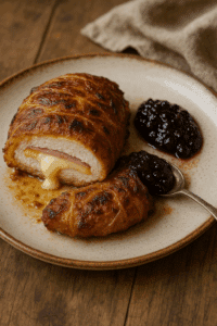 Cordon bleu avec confiture de mûres sur assiette.