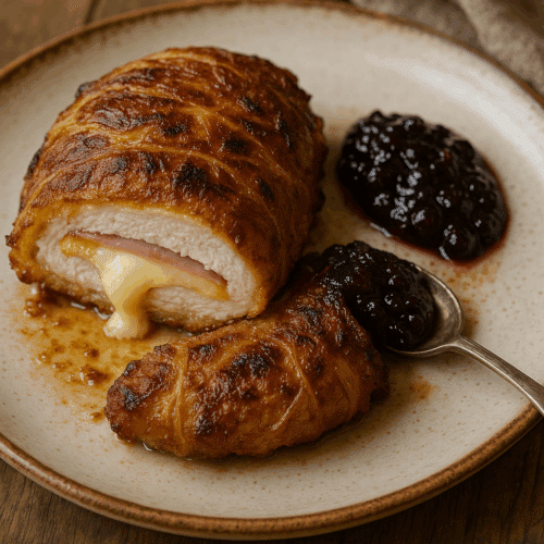 Cordon bleu avec confiture de mûres sur assiette.