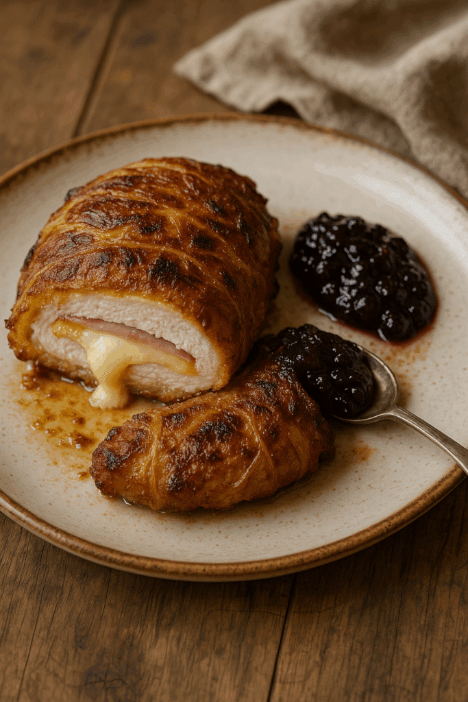 Cordon bleu avec confiture de mûres sur assiette.
