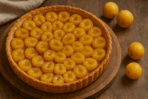 Tarte aux mirabelles sur une table en bois.