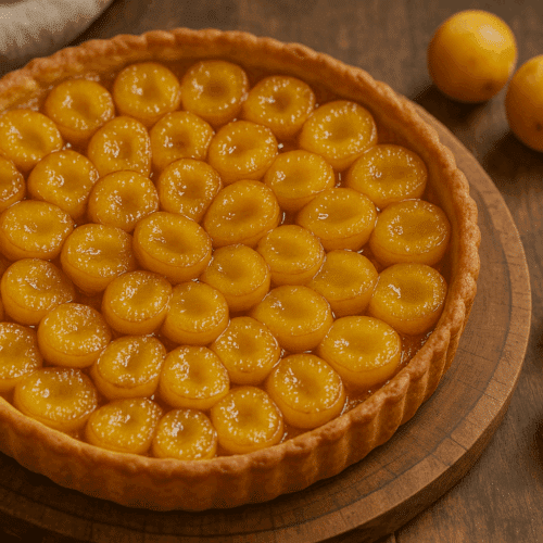 Tarte aux mirabelles sur une table en bois.