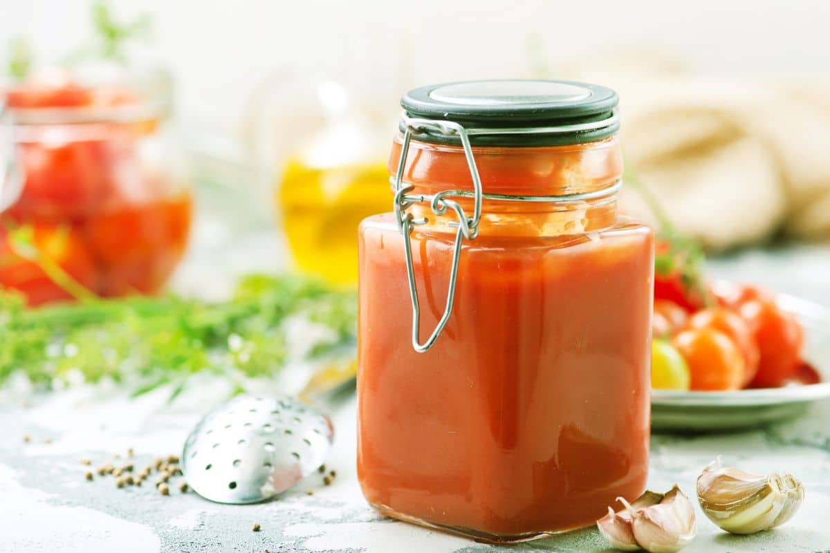 Bocal de sauce tomate maison sur table avec herbes.