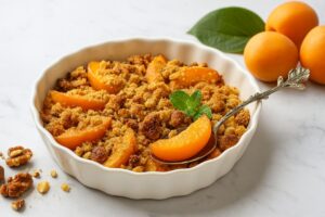 Crumble aux abricots servi dans un plat blanc