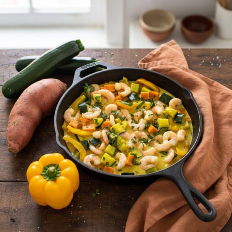 Curry express de crevettes aux légumes de saison