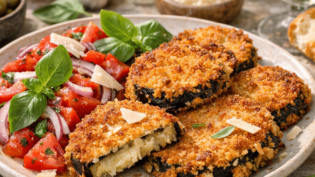 Rondelles d’aubergines panées et dorées, servies avec tomates fraîches, basilic et parmesan sur une assiette estivale