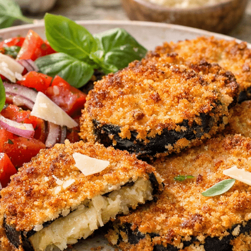 Rondelles d’aubergines panées et dorées, servies avec tomates fraîches, basilic et parmesan sur une assiette estivale