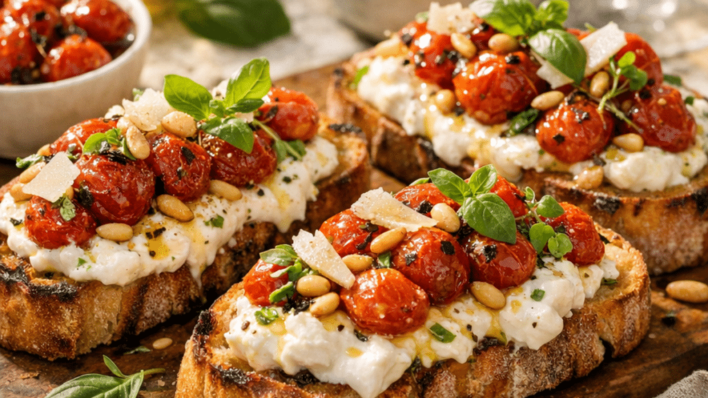 Bruschetta estivale à la burrata, tomates cerises confites, copeaux de parmesan et jeunes pousses sur une assiette claire