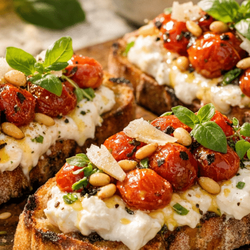 Bruschetta estivale à la burrata, tomates cerises confites, copeaux de parmesan et jeunes pousses sur une assiette claire