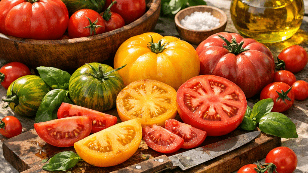 Assortiment de tomates mûres de variétés différentes sur une table d’été, avec couteau et basilic