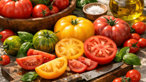 Assortiment de tomates mûres de variétés différentes sur une table d’été, avec couteau et basilic