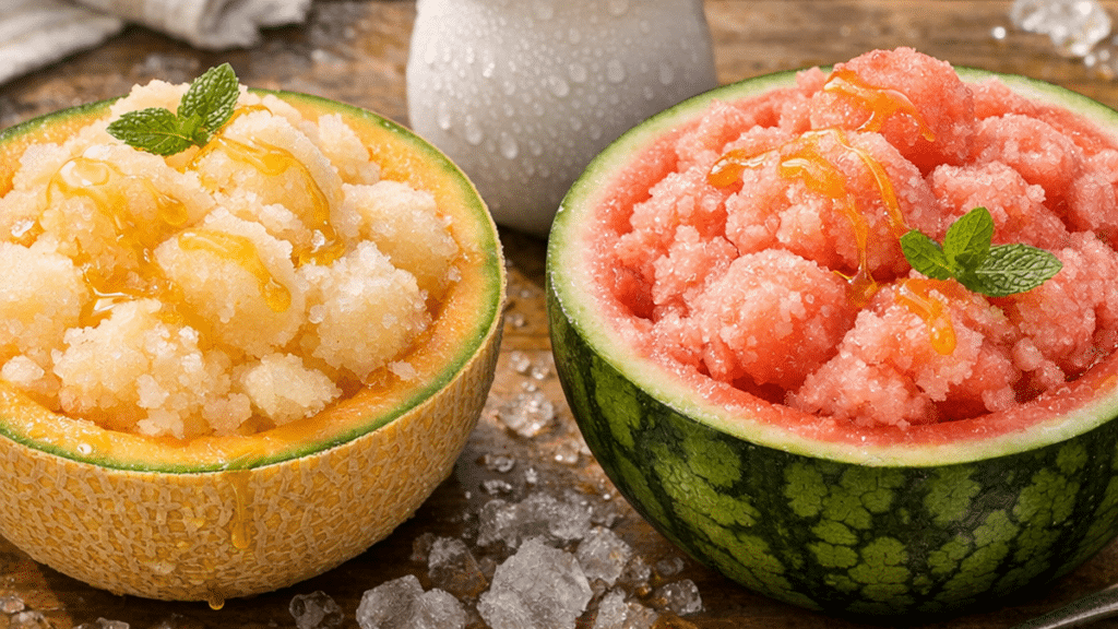Demi-melon glacé garni d'une crème maison onctueuse avec copeaux de fruit congelé dans une ambiance estivale