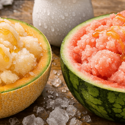 Demi-melon glacé garni d'une crème maison onctueuse avec copeaux de fruit congelé dans une ambiance estivale