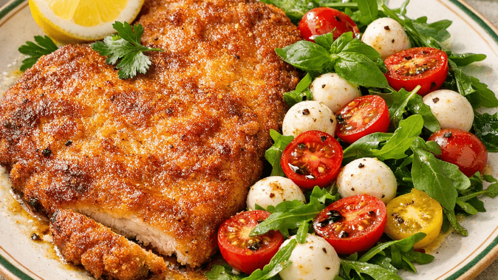 Escalope de veau milanaise dorée au beurre servie avec salade caprese, roquette, tomates cerises et mozzarella