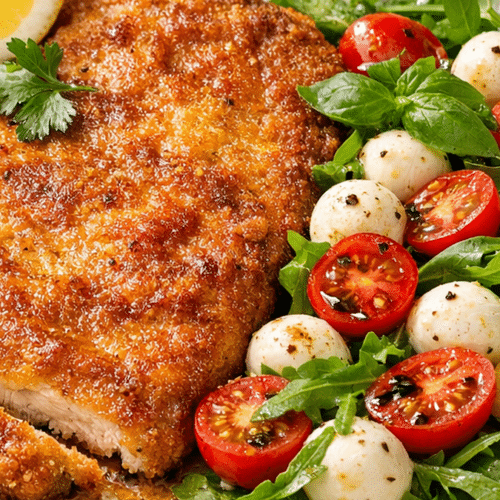 Escalope de veau milanaise dorée au beurre servie avec salade caprese, roquette, tomates cerises et mozzarella