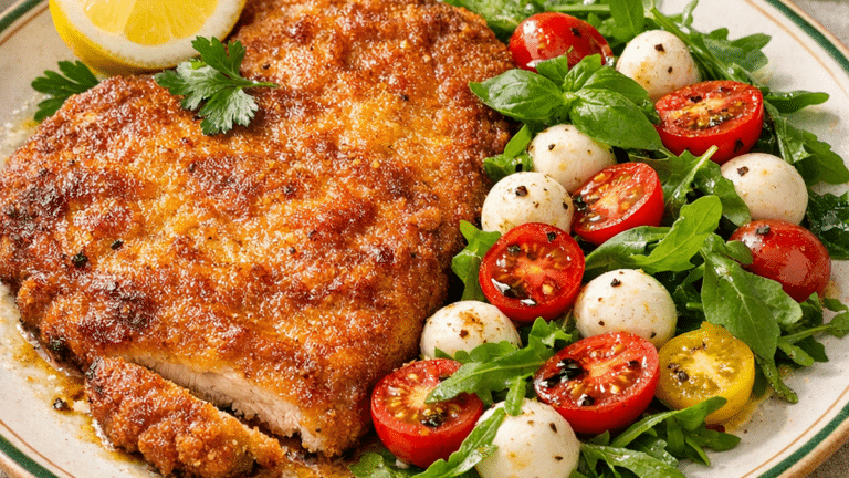 Escalope de veau milanaise dorée au beurre servie avec salade caprese, roquette, tomates cerises et mozzarella