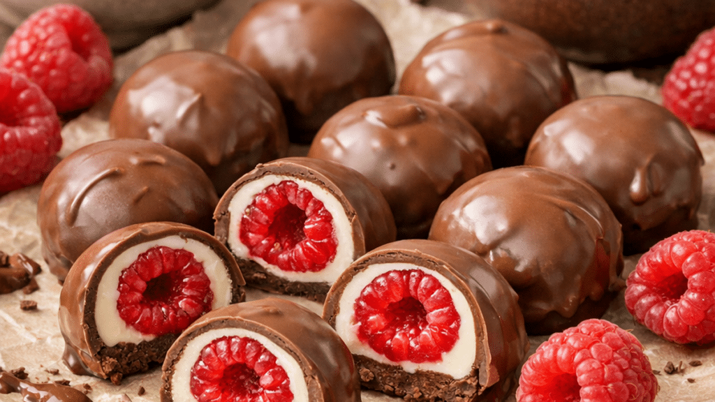 Framboises façon Franui enrobées de chocolat blanc et chocolat au lait sur une feuille de papier sulfurisé