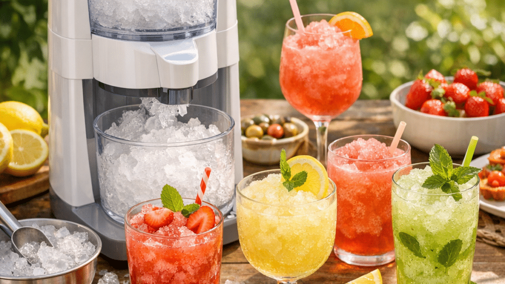 Machine à granité compacte avec verres de granité coloré, glaçons et fruits frais sur une table d’été
