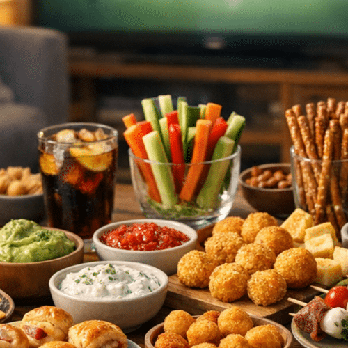 Table d’apéritif conviviale avec bouchées salées, dips, légumes croquants et boissons devant un match à la télévision