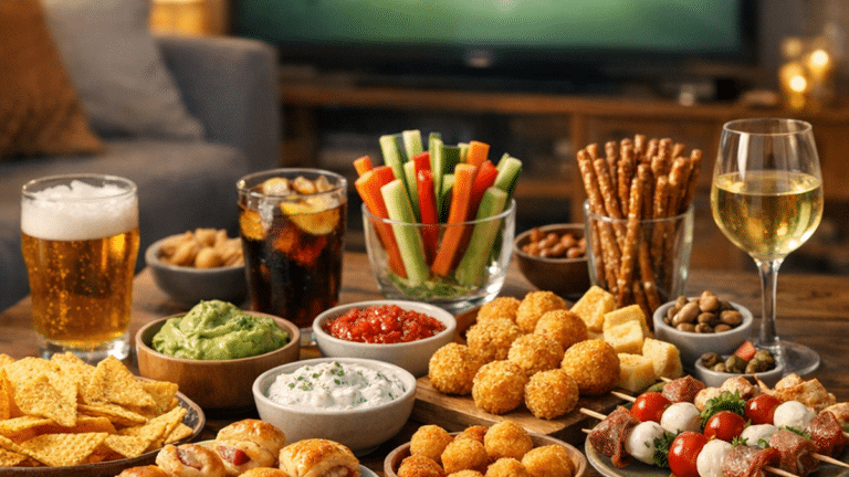 Table d’apéritif conviviale avec bouchées salées, dips, légumes croquants et boissons devant un match à la télévision