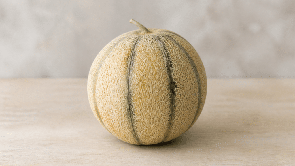Melons charentais mûrs sur une table claire, avec détail du pédoncule
