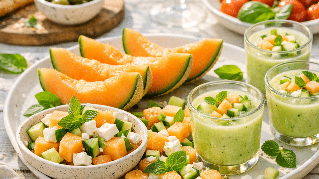 Tranches de melon frais servies avec feta, herbes et concombre sur une table d’été lumineuse