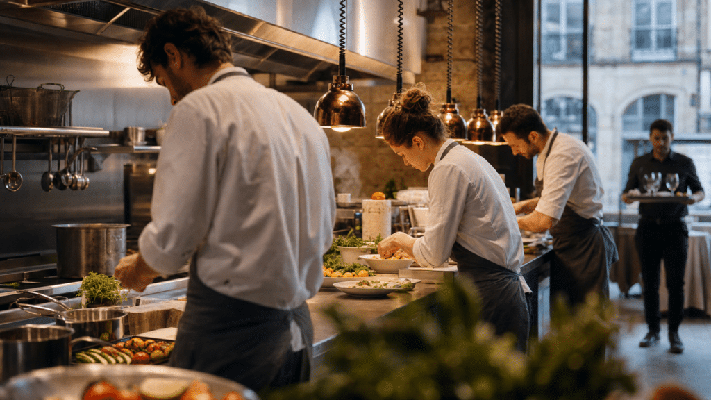Équipe de restauration en plein service dans un établissement bordelais