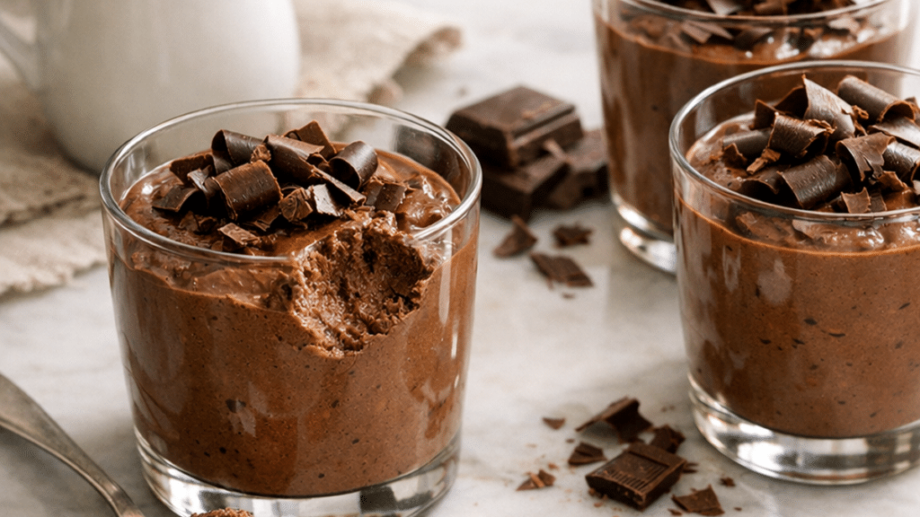 Verrines de mousse au chocolat noir à la texture ferme et fondante, servies avec quelques copeaux de chocolat sur une table claire.