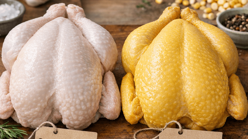 Poulet cru de qualité présenté sur une planche avec étiquette Label Rouge et ingrédients simples en cuisine