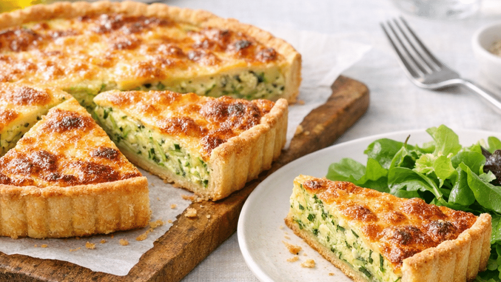 Quiche à la courgette dorée servie en parts avec une salade verte