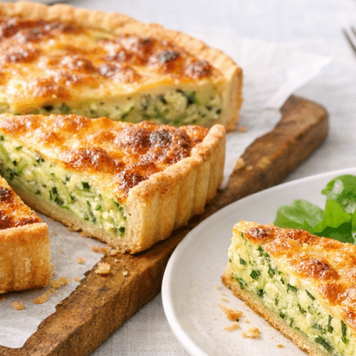 Quiche à la courgette dorée servie en parts avec une salade verte