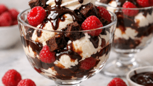 Coupes de sundae à la vanille avec framboises fraîches, sauce chocolat maison, morceaux de brownie et crème fouettée