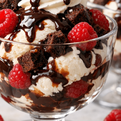 Coupes de sundae à la vanille avec framboises fraîches, sauce chocolat maison, morceaux de brownie et crème fouettée