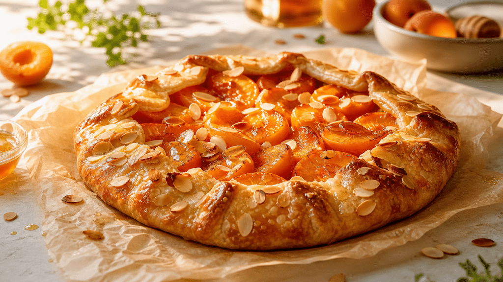 Tarte rustique aux abricots dorés avec miel et amandes effilées