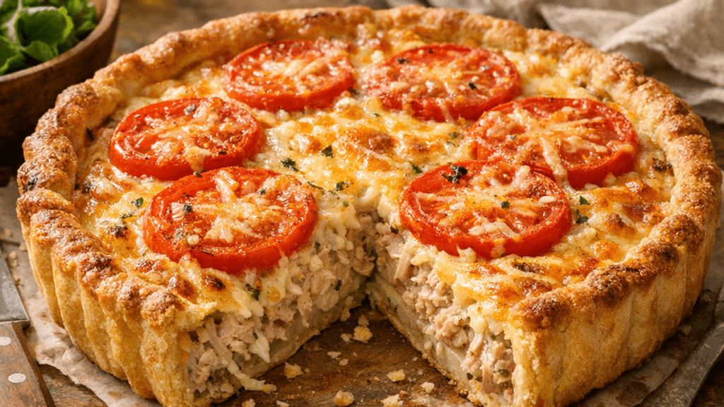 Tarte au thon dorée avec rondelles de tomate et fromage gratiné sur une table de cuisine