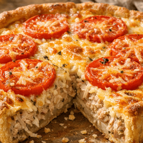 Tarte au thon dorée avec rondelles de tomate et fromage gratiné sur une table de cuisine
