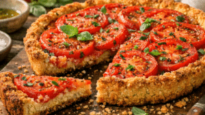 Tarte à la tomate dorée avec fond croustillant à la chapelure, tomates juteuses et herbes fraîches sur une table d’été