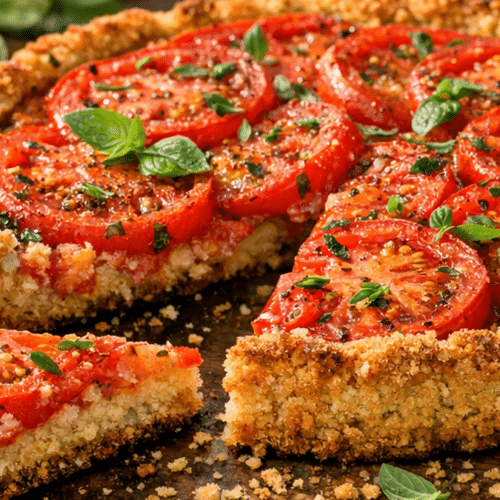 Tarte à la tomate dorée avec fond croustillant à la chapelure, tomates juteuses et herbes fraîches sur une table d’été