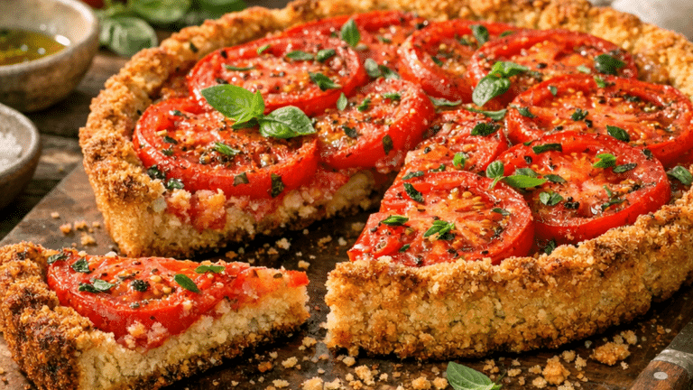 Tarte à la tomate dorée avec fond croustillant à la chapelure, tomates juteuses et herbes fraîches sur une table d’été