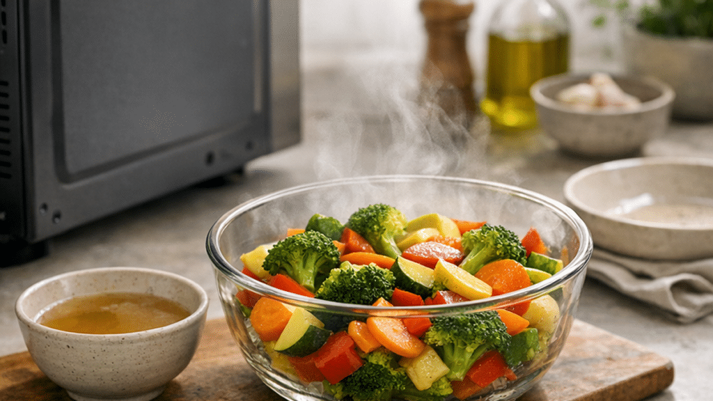 Bol de légumes vapeur et bouillon maison près d’un micro-ondes dans une cuisine lumineuse