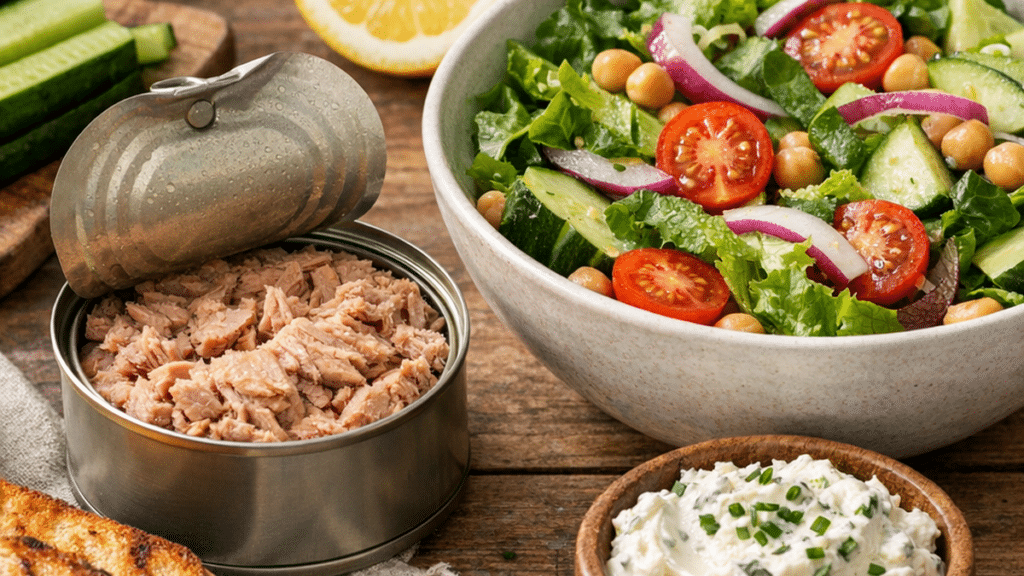 Boîte de thon ouverte avec salade fraîche, citron, pain grillé et fromage frais sur une table de cuisine