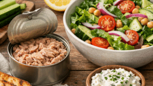 Boîte de thon ouverte avec salade fraîche, citron, pain grillé et fromage frais sur une table de cuisine