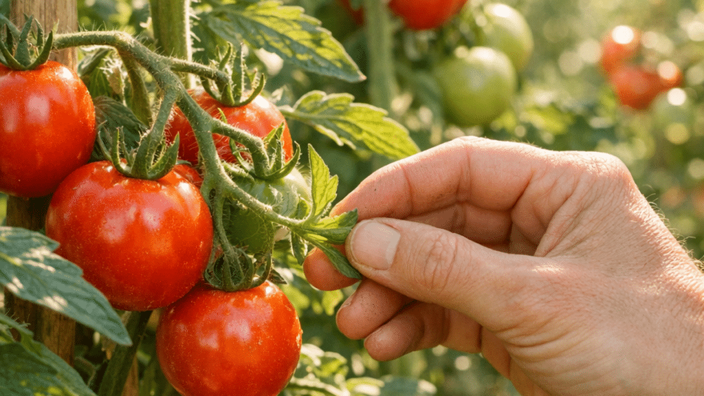 Gros plans de tomates rouges mûres sur un plant bien tuteuré dans un potager ensoleillé d'été