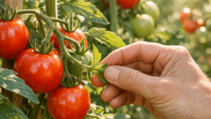 Gros plans de tomates rouges mûres sur un plant bien tuteuré dans un potager ensoleillé d'été