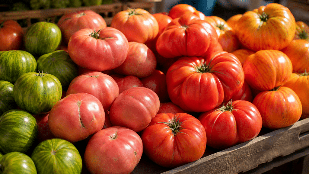 Tomates anciennes de différentes couleurs sur un étal de marché